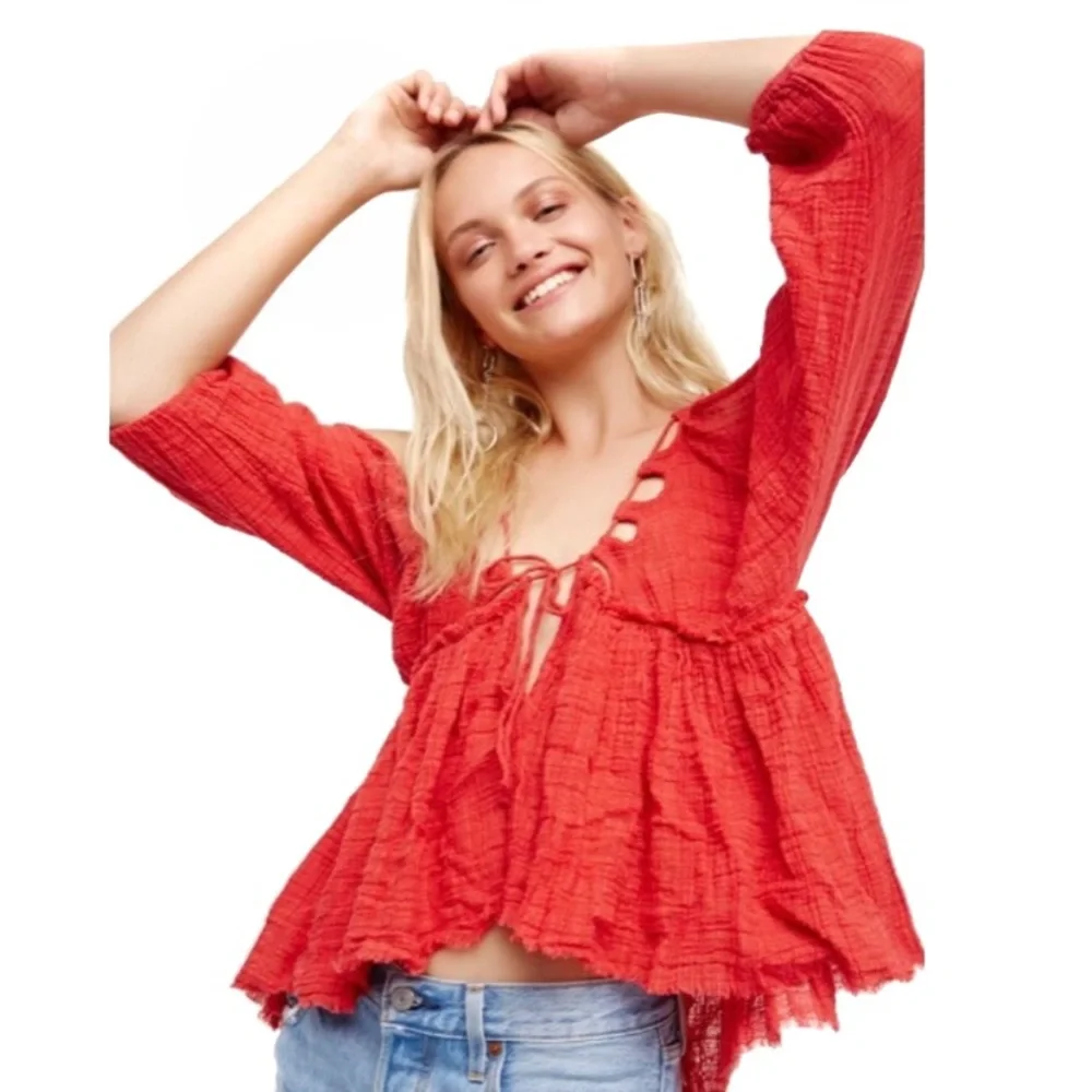 Free People One of a Kind Raw Hem Red/Pink Crinkle Strappy Drawstring Blouse Top